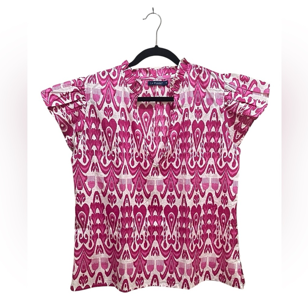 La Plage Ruthie Ruffle Top, Pink/ White Heart Print Medium 100% Cotton
